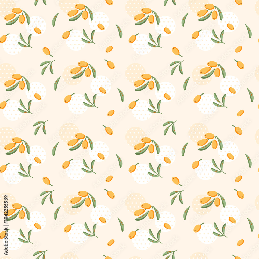 Fototapeta premium Сute seamless pattern of sea buckthorn twigs and sea buckthorn berries on a light background