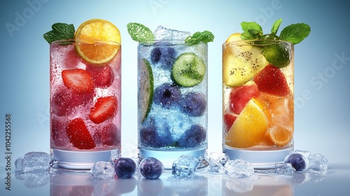 Three refreshing fruit infused drinks with ice cubes.