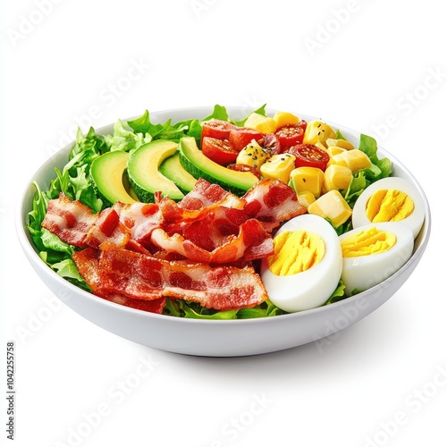 Fresh and Colorful Cobb Salad with Avocado, Bacon, Eggs, and Vegetables in a White Bowl on a White Background photo