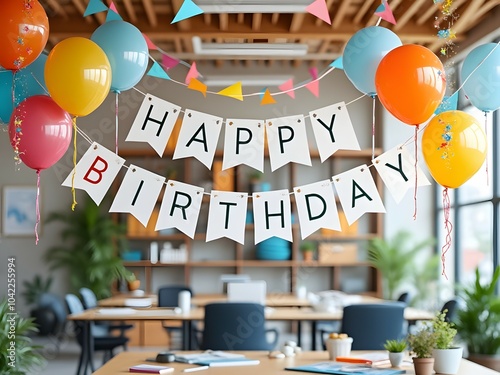 Happy Birthday banner hanging in modern office workspace with balloons and decorations. Office birthday party decoration