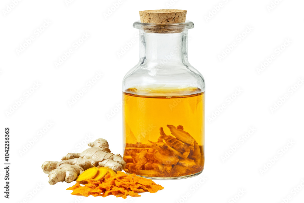 Glass bottle of turmeric oil with ginger root and turmeric slices,Isolated on transparent background Glass bottle of turmeric oil with ginger root and turmeric slices,Isolated on transparent background
