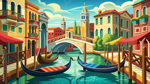 A serene day in a colorful Venetian canal with gondolas floating and charming bridges against a picturesque backdrop of historic buildings