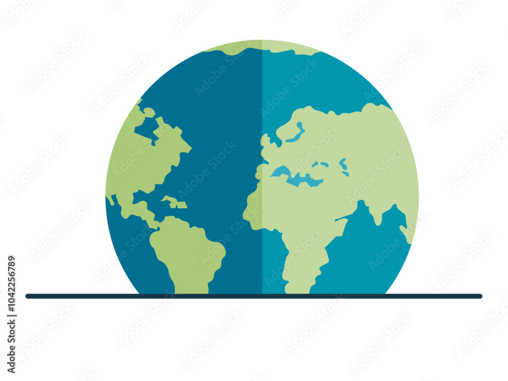 Fototapeta premium Simplified Earth globe highlighting continents in green and the ocean in blue, set against a white background. Ideal for geography, education, environmental awareness, global connectivity, and