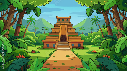 Ancient pyramid in a lush jungle surrounded by tropical plants and mountains on a sunny day