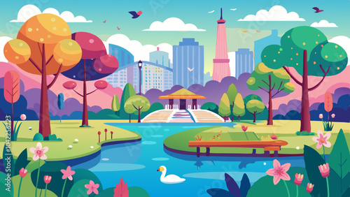 A vibrant city park with a serene lake, colorful trees, and a distant skyline on a sunny day in spring