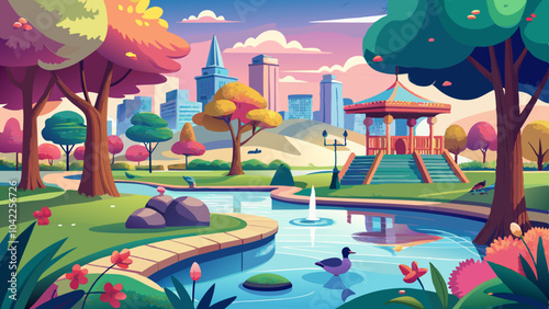 A colorful city park with a pond, flowers, and a gazebo surrounded by skyscrapers at sunset in a vibrant setting