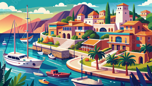 Vibrant coastal village with colorful houses, boats and palm trees under a sunny sky in a picturesque bay