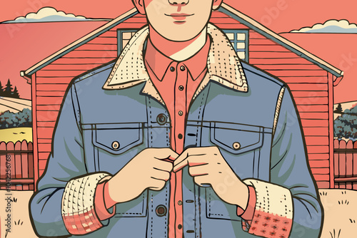 Young Man Buttoning Denim Jacket Near Rustic Country Home at Sunset