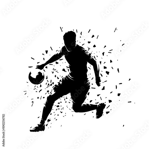 Soccer player kicking ball, football. Isolated distorted vector silhouette. Team sports, side view