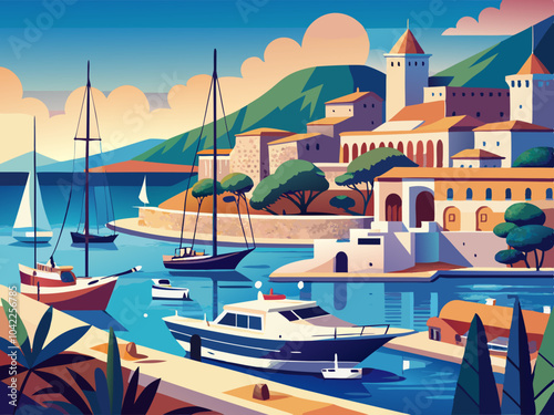A serene coastal village with colorful boats moored in a picturesque harbor during a sunny day