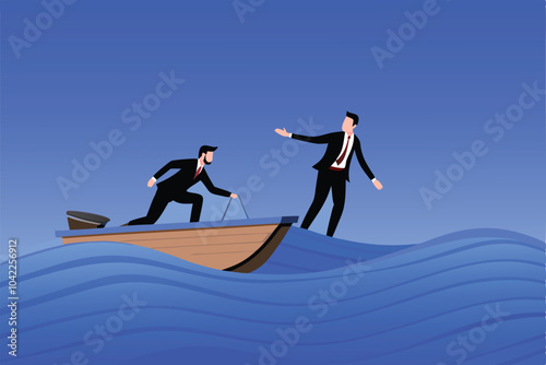 Illustration of two businessmen, one in a boat rowing through rough waters and another reaching out a hand to help.