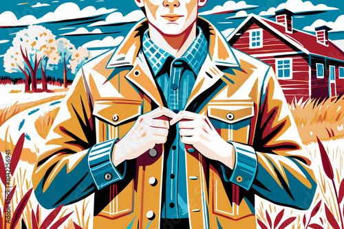 Stylish Man in Trendy Jacket Posing in Vibrant Countryside Illustration