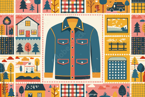Rustic Denim Jacket Illustration Amidst Patchwork of Autumn Countryside Scenes