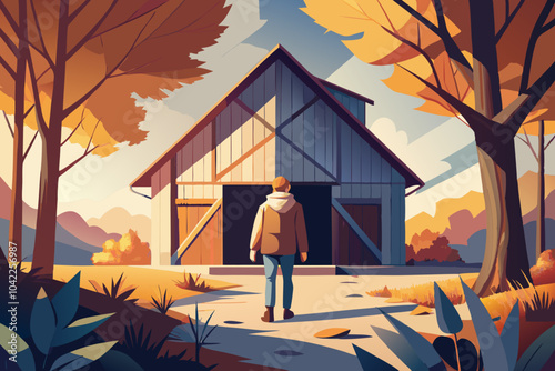 Autumnal Hike Towards Rustic Cabin in Picturesque Forest
