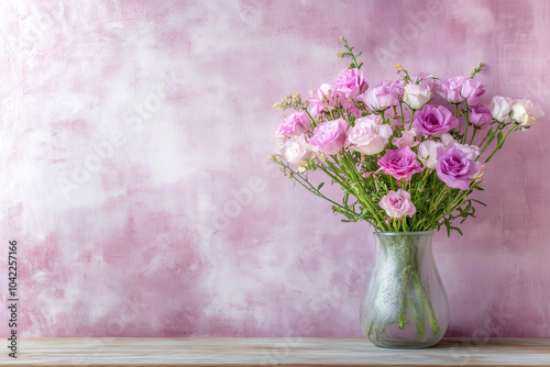 A beautiful bouquet of pink roses in a glass vase placed against a textured pastel purple background in a serene setting. Generative AI