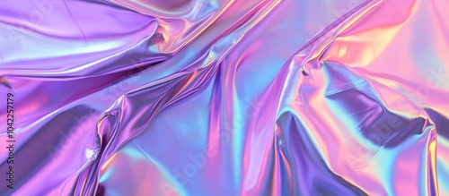 Abstract background of iridescent holographic fabric with purple and pink colors.
