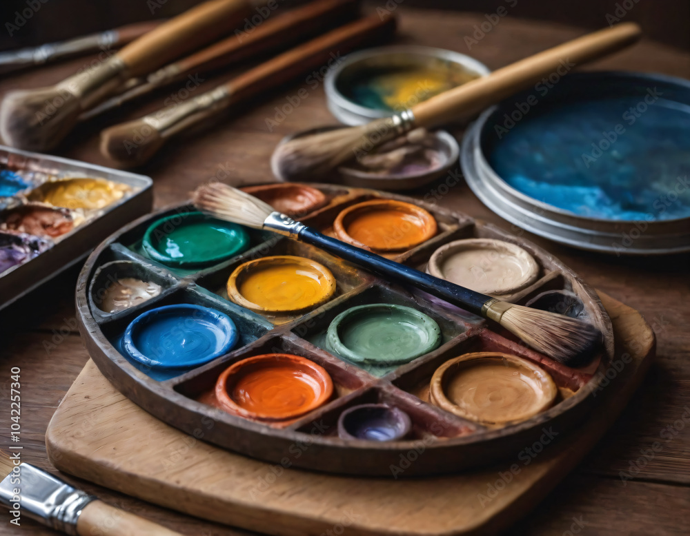 .Palette of the artist, brushes, paints, easel. .Palette of the artist, brushes, paints, easel.