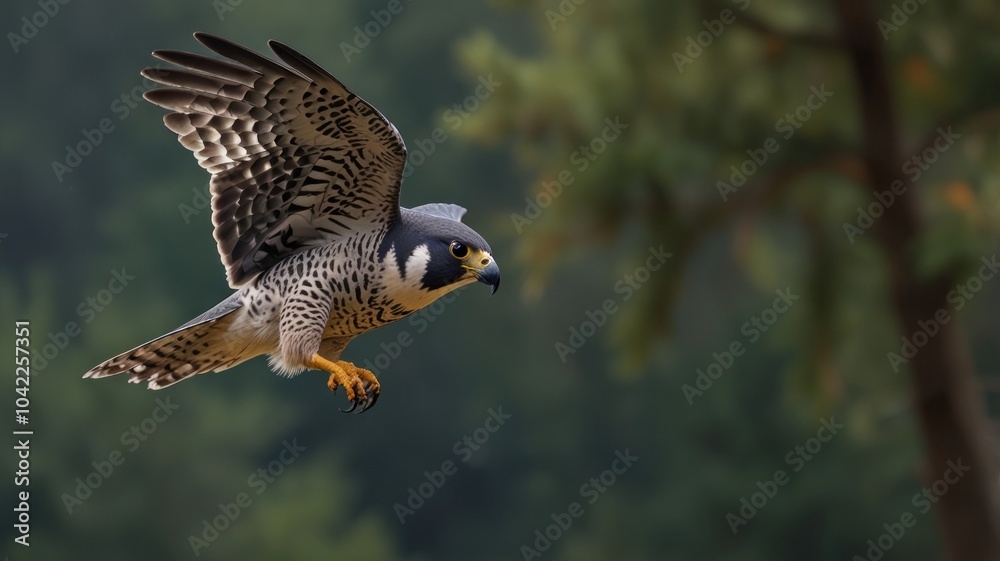 Fototapeta premium A peregrine falcon in flight, wings outstretched, with a blurred forest background.
