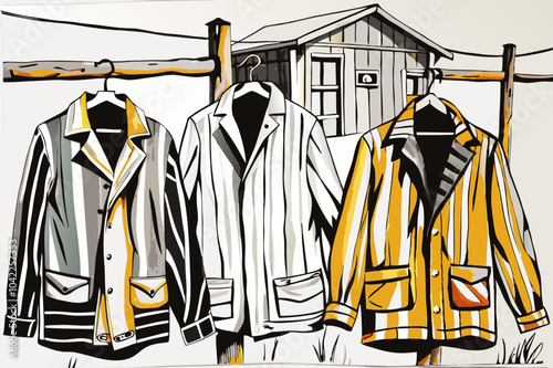 Vintage Shirts Hanging on Rural Clothesline Illustration