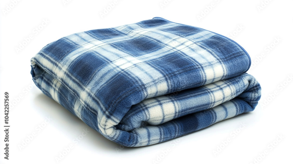 Blue and White Plaid Fleece Blanket Folded on White Background Blue and White Plaid Fleece Blanket Folded on White Background