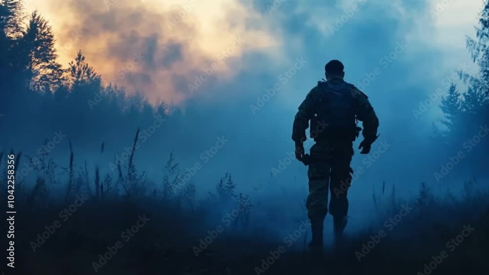 Silhouette of a soldier walking through misty woods at dawn, evoking themes of resilience and solitude Silhouette of a soldier walking through misty woods at dawn, evoking themes of resilience and solitude