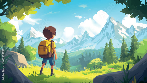 Boy With A Backpack Hiking Through The Forest Against The Background Of The Mountains Surrounded By Lush Green Trees And A Clear Blue Sky Emphasizing Adventure