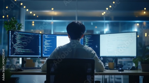 Sitting in front of the office computer display, an Asian prompt engineer creates a coding application using software data. 