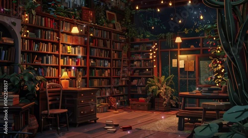 Cozy library room at night with warm lighting and wooden bookshelves  
Seamless looping 4k time-lapse virtual video animation Generated AI