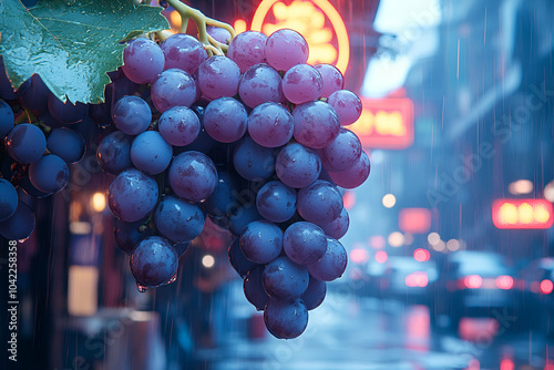 Wallpaper Mural Fresh grapes glisten in the rain, capturing a moody urban backdrop filled with blurred lights and wet streets. Torontodigital.ca