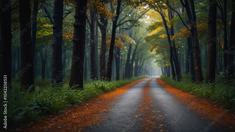 Fototapeta premium A winding road through a misty forest with autumn leaves on the ground.