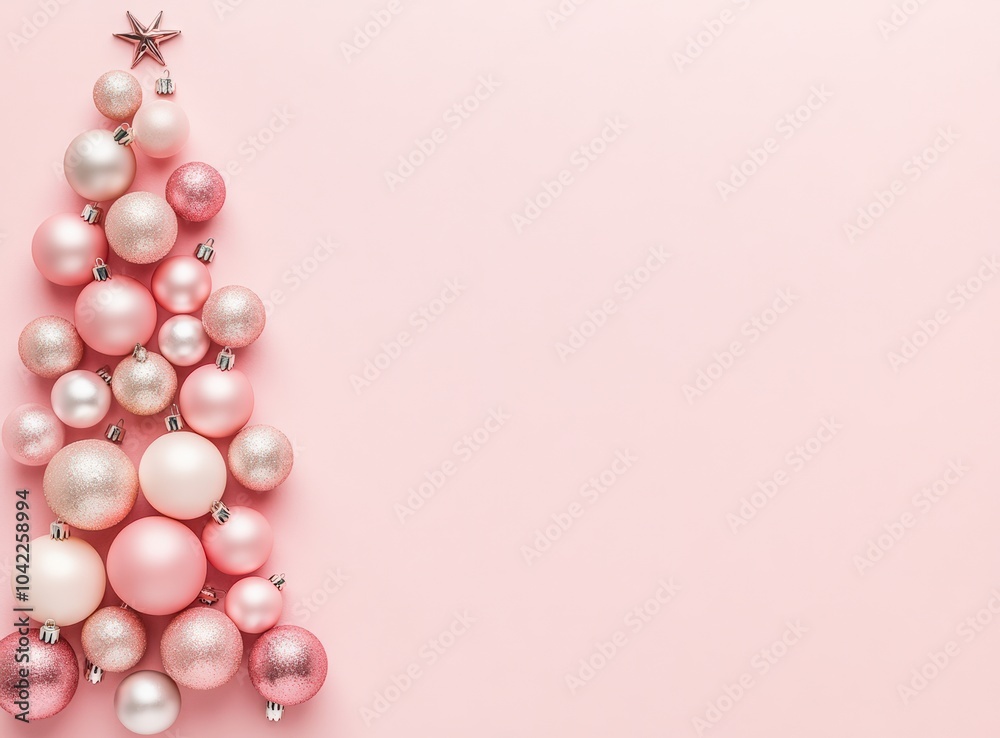 A Christmas tree made of pink and white balls on a pastel background. Christmas decoration concept. Happy New Year A Christmas tree made of pink and white balls on a pastel background. Christmas decoration concept. Happy New Year
