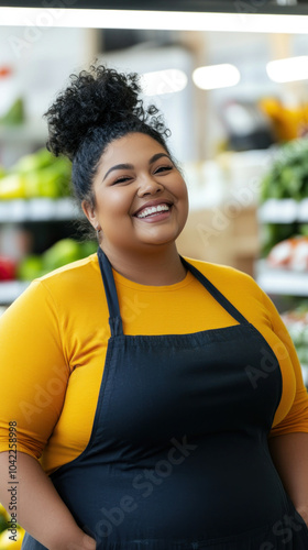 Woman in apron smiles in grocery aisle, surrounded by shelves stacked with colorful products.