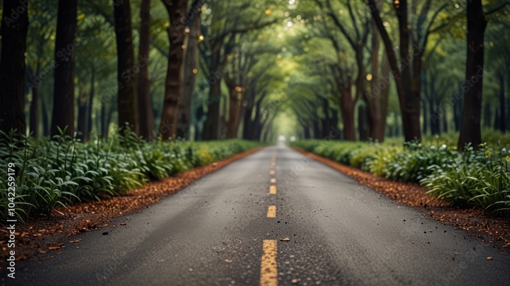 A long, straight paved road lined with trees leading to a distant point in the forest. A long, straight paved road lined with trees leading to a distant point in the forest.