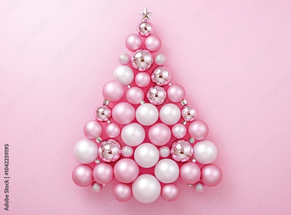 A Christmas tree made of pink and white balls on a pastel background. Christmas decoration concept. Happy New Year A Christmas tree made of pink and white balls on a pastel background. Christmas decoration concept. Happy New Year