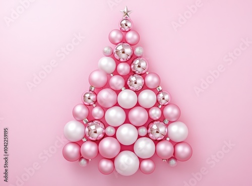 A Christmas tree made of pink and white balls on a pastel background. Christmas decoration concept. Happy New Year