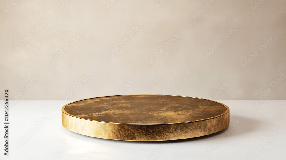 Gold Round Pedestal Display Stand on Beige Background Gold Round Pedestal Display Stand on Beige Background