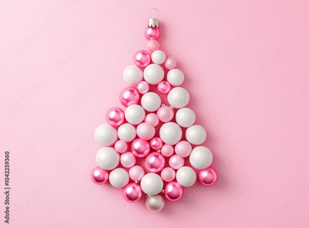 A Christmas tree made of pink and white balls on a pastel background. Christmas decoration concept. Happy New Year A Christmas tree made of pink and white balls on a pastel background. Christmas decoration concept. Happy New Year