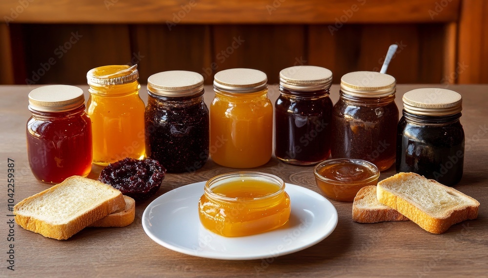 A Table Full of Delicious Honey and Jam, Various Flavors, Rustic Wooden Background, Glass Jars, Honeycomb, Toast, Food Photography A Table Full of Delicious Honey and Jam, Various Flavors, Rustic Wooden Background, Glass Jars, Honeycomb, Toast, Food Photography
