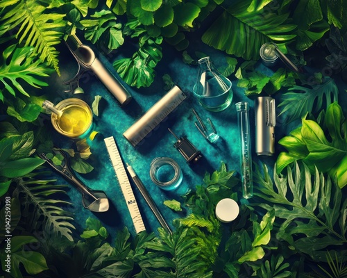 composition of tools and instruments used in environmental science surrounded by lush greenery and vibrant colors showcasing sustainability