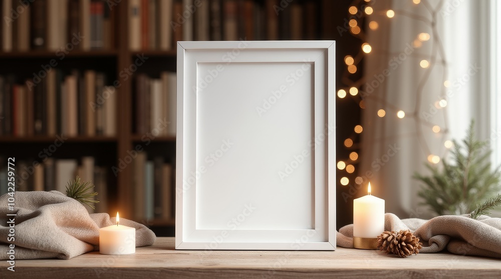 Fototapeta premium Simple and elegant decor with a blank white frame and candles arranged on a rustic table