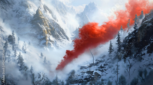 A red smoke signal issued in the mountains by a hiker, indicating a call for help due to a specific emergency situation. photo