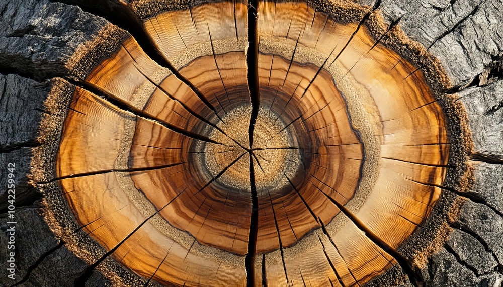 Fototapeta premium Close-up of a Tree Trunk Cross-Section with Visible Growth Rings, wood texture, tree rings, nature, forest