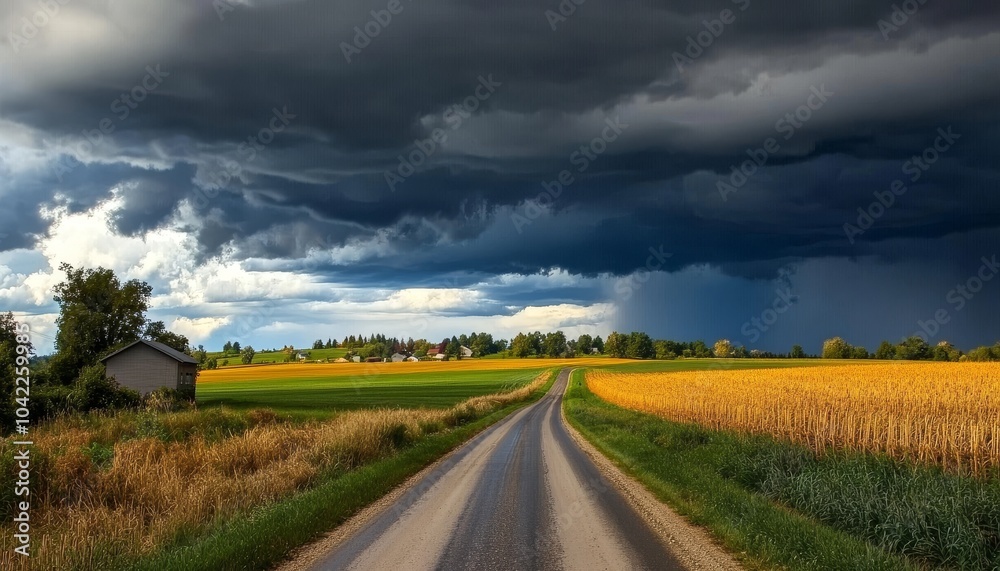 Country Road Through Stormy Skies, Wide Angle, Rural Landscape, Field, Farm, Storm Clouds, Countryside Country Road Through Stormy Skies, Wide Angle, Rural Landscape, Field, Farm, Storm Clouds, Countryside