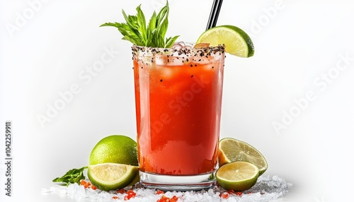 Close-up of a refreshing Bloody Mary with a celery stalk and lime wedge, garnished with black pepper and served on ice, cocktail, beverage, drink, Bloody Mary,