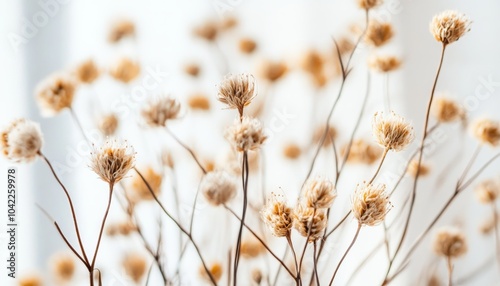 Delicate Dried Flowers in a Close-Up Composition, Minimalist, Soft Tones, Natural Beauty, Dried Flowers, Floral Background, Abstract