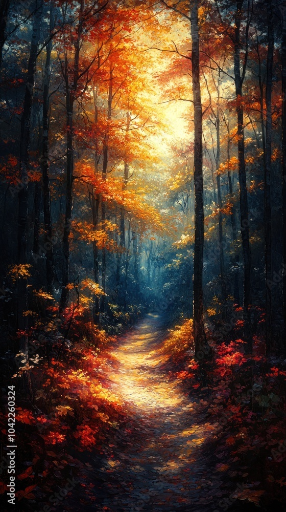 Fototapeta premium Autumn Forest Path Painting - Colorful Trees and Sunlight
