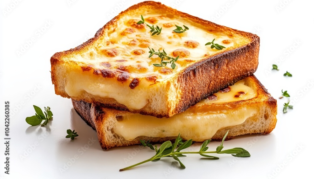 Melted Cheese on Toasted Bread with Thyme Garnish, Appetizer, Food Photography, Gourmet Melted Cheese on Toasted Bread with Thyme Garnish, Appetizer, Food Photography, Gourmet