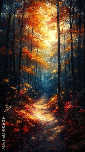 Autumn Forest Path Painting - Colorful Trees and Sunlight