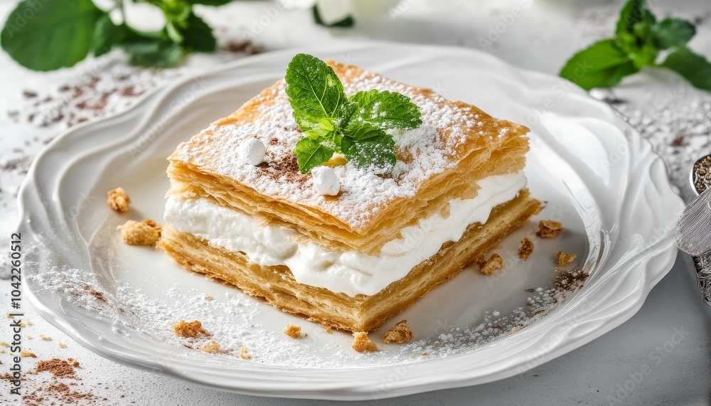 Puff Pastry Cream Cake with Mint Garnish on White Plate, Dessert , Pastry, Sweet , Puff Pastry Cream Cake with Mint Garnish on White Plate, Dessert , Pastry, Sweet ,