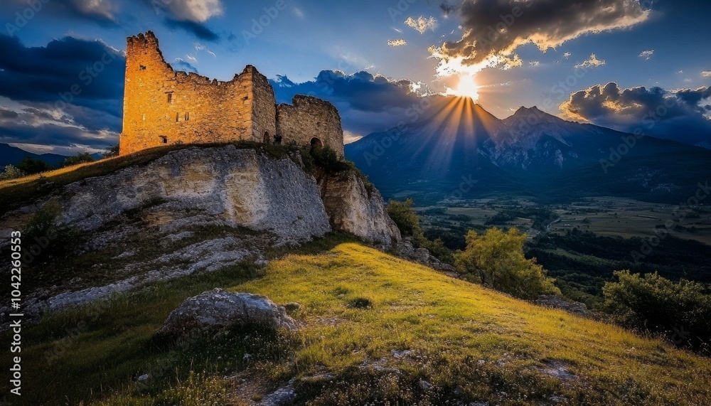 Ruined Castle on a Mountaintop at Sunset, Wide Angle, Golden Hour Light, Nature, Landscape, History, Travel Ruined Castle on a Mountaintop at Sunset, Wide Angle, Golden Hour Light, Nature, Landscape, History, Travel